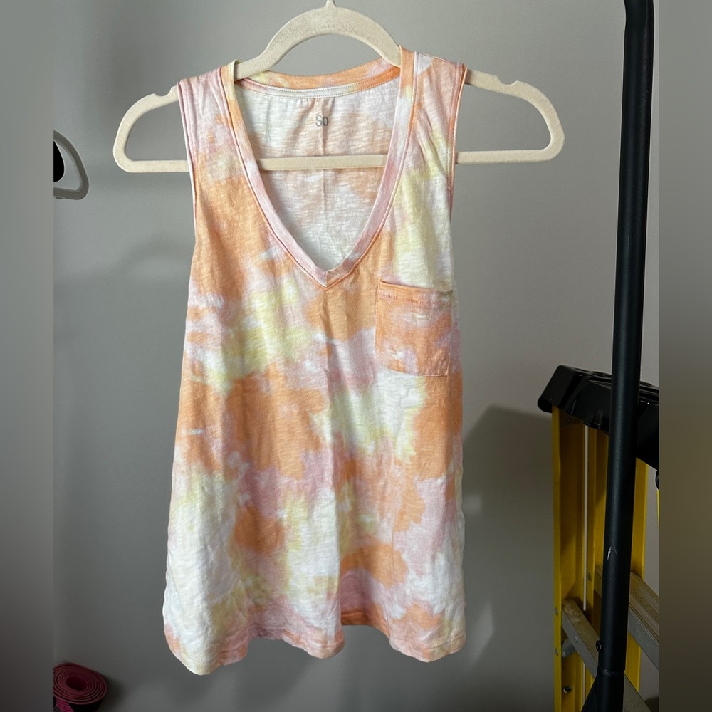 SO Peach, Pink, and Yellow Tie-Dye V-Neck Tank Top